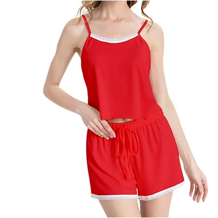 

Womens Summer Pajamas 2 Piece Casual Soft Lace Trim Spaghetti Strap Cami Tops Drawstring Shorts Sets Sleepwear Pjs