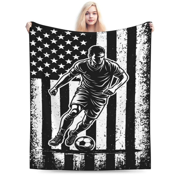 Soccer Player Throw Blanket, American Flag Sports Fleece Blanket, Vintage Black White Football Blanket for Sofa Couch Bedroom 80x60