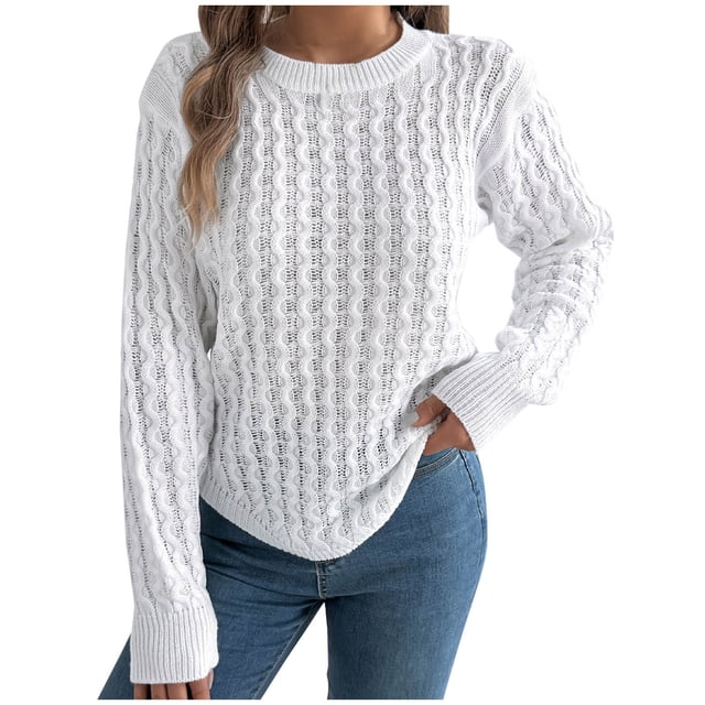 cfhntfmh Chandails Torsadés Surdimensionnés pour Femmes Col Rond Manches Longues Automne Tendance Chandail Décontracté Ourlet Courbé Hauts