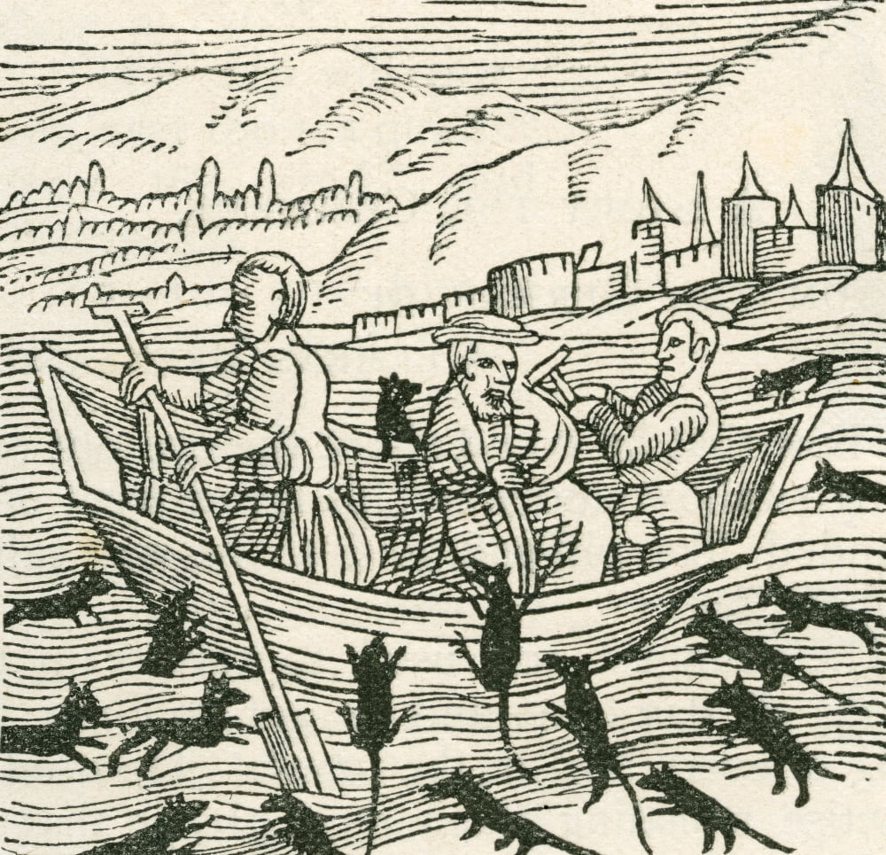 Illustration depicting the 10th century folk tale of Hatto who was the Archbishop of Mainz and what happened in the Mouse Tower Hatto after starving the peasants in his lands lured them all to a barn