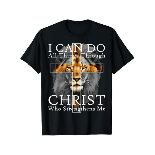 Camiseta de hombre "León fuerte con cruz", inspiradora, con cuello redondo y manga corta.
