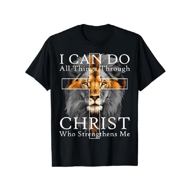 Mens T-Shirt Strong Lion With Cross Christian Faith inspirational T-Shirt Crewneck Shortsleeve