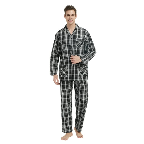 GLOBAL Conjunto de Pijama de Tejido Liso de Manga Larga para Hombre, Ropa de Dormir de Algodón, Ropa de Dormir Cómoda, Cuadros Negros L