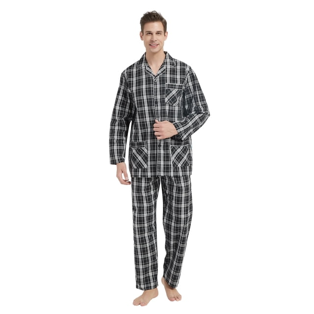 GLOBAL S S Conjunto de Pijama de Tejido Liso de Manga Larga para Hombre, Ropa de Dormir de Algodón, Ropa de Dormir Cómoda, Cuadros Negro
