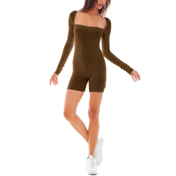 BEAFNKSG Women Knitted Short Jumpsuit Long Sleeve Square Neck Bodycon Rompers Knitted One Piece Bodysuit