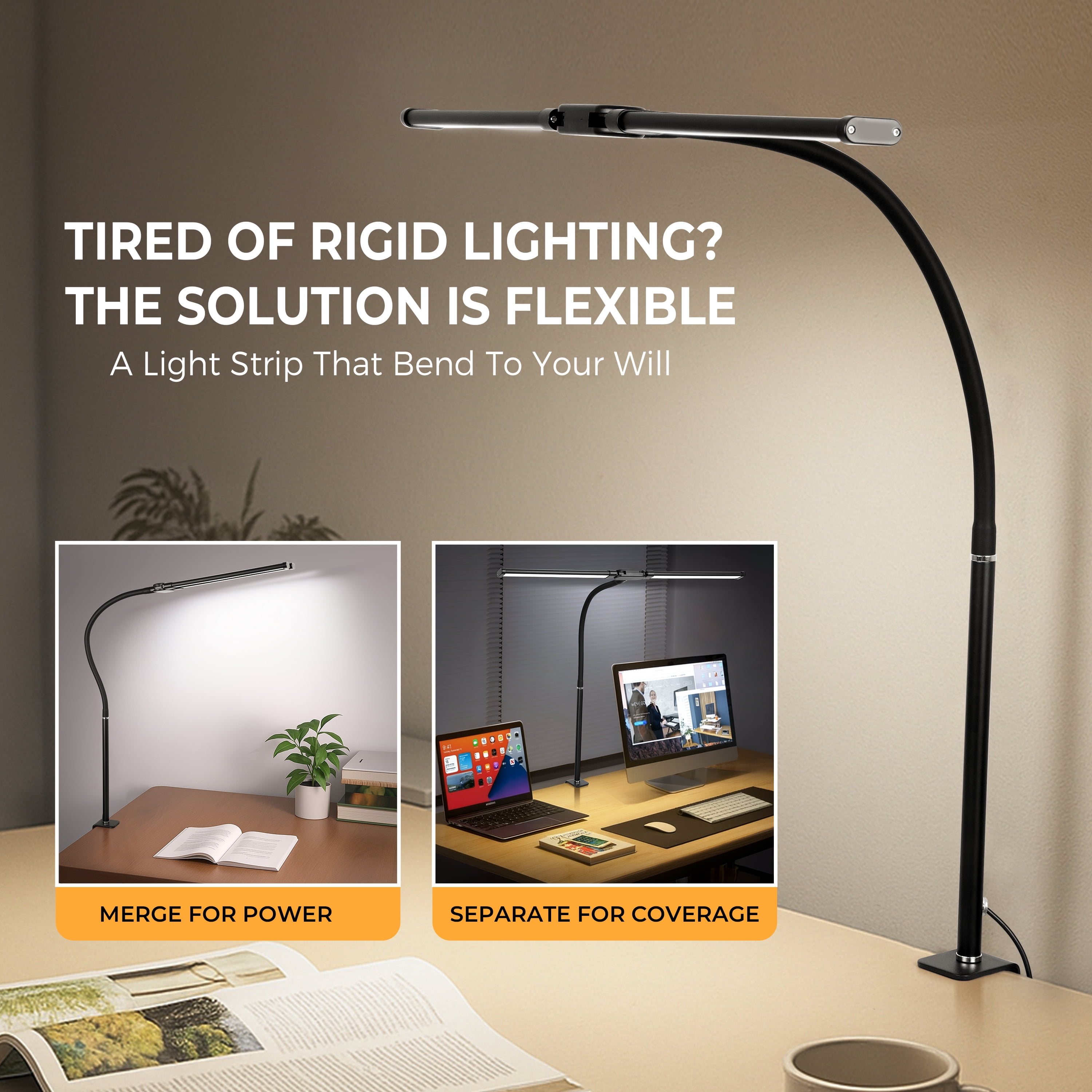 Coliware LED Desk Lamp for Office Home, Eye Caring Architect Lamp with Clamp Flexible Gooseneck, Double Head Computer Monitor Table Light with 3 Lighting Modes, Adjustable Work Study Accessories