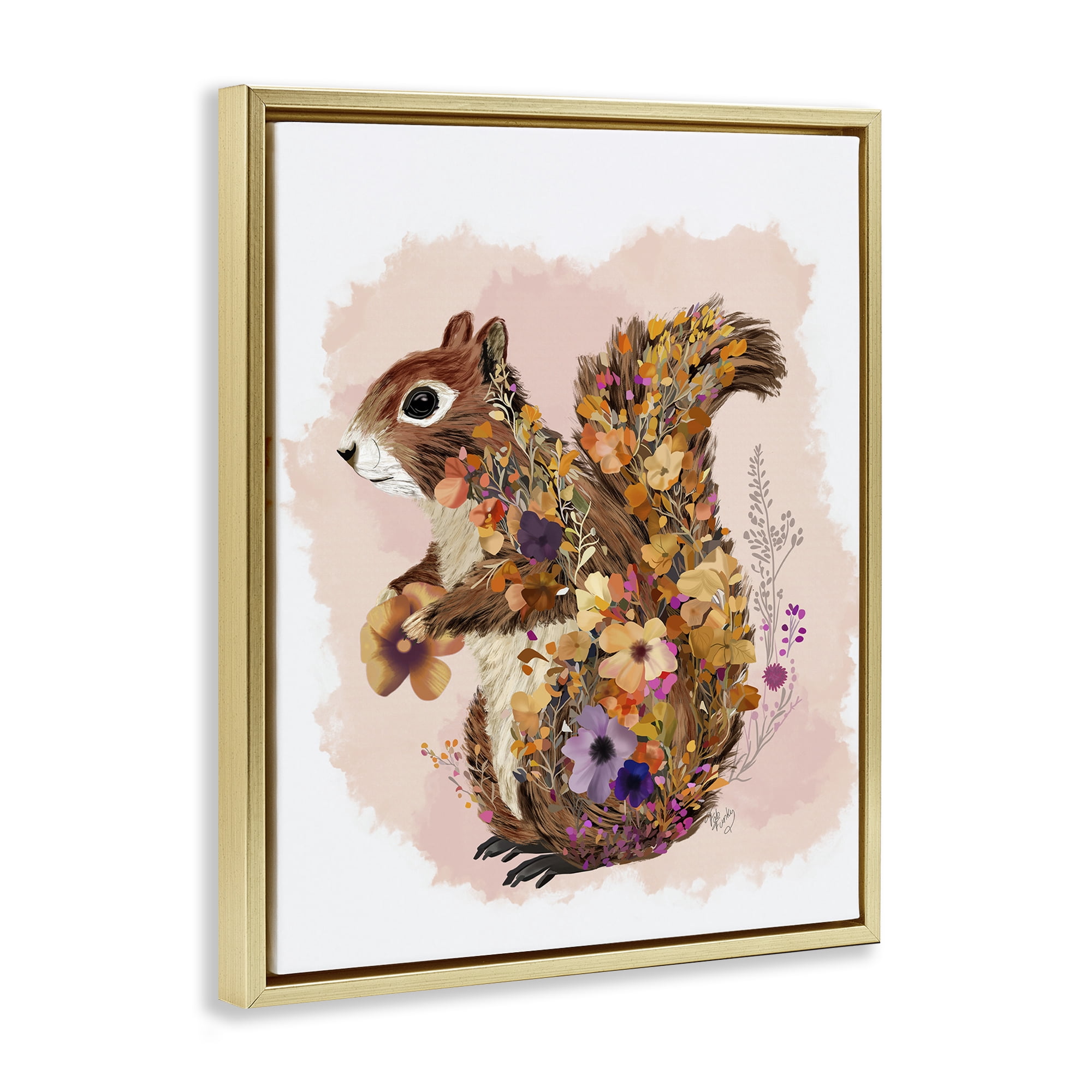 Stupell Industries Wildflower Patterned Squirrel Animals & Insects Painting Gold Floater Framed Canvas Art Print Wall Art, 25 x 31