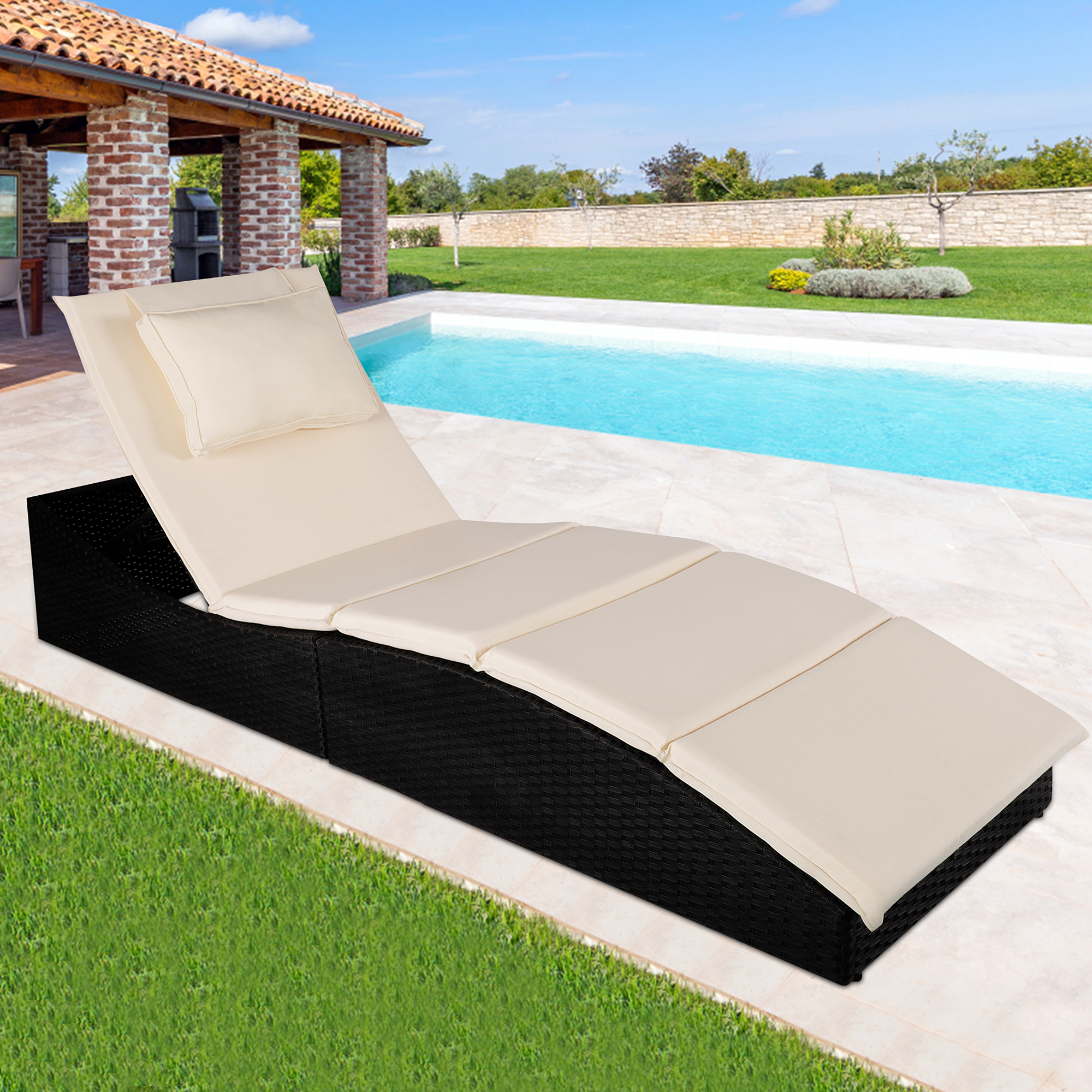 Patio Rattan Pool Lounge Chair with Cushion, 5 Adjustable Positions Folding Patio Chaise Lounge, Outdoor Wicker Beach Reclining Chair, PE Rattan Beach Lounger Chair for Balcony Deck Patio Garden, T245 - image 4 of 9
