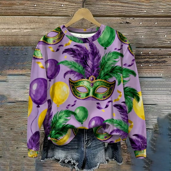 Craaazy Women's Mardi Gras Shirts Round-neck Casual Long-sleeved Sweatshirt Holiday Party Costumes Graphic Carnival Top Gifts