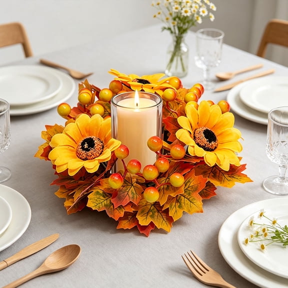 Halloween Fall Floral Candle Rings Wreath Autumn Harvest Sunflowers Pumpkins Leaves Berries Mini Thanksgiving Halloween Table Centerpiece Wreath for Cabinets Farmhouse Front Door Decoration