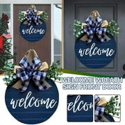 12inch Welcome Wreath for Front Door, Round Wood Hanging Sign With Ribbon Bow & Artificial , Farmhouse Decor