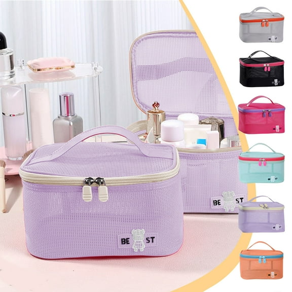 Clearance Under $5 Boovnll Makeup Bag, Large Capacity Stylish Portable Breathable Mesh Make Up Bag With Handle for Women Purse Cosmetics Toiletries Accessories Brushes, Travel Makeup Bag