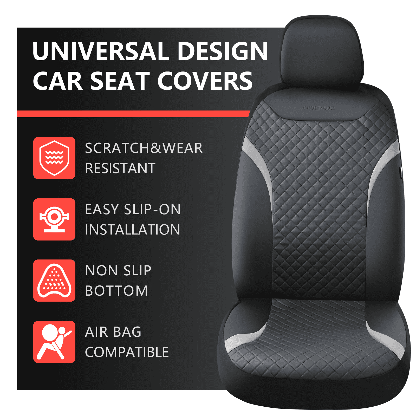 Coverado PVC&Fabric Car Seat Covers, Front Car Seat Protectors, 4 Pieces Universal Fit for Most Cars SUV Trucks, Black