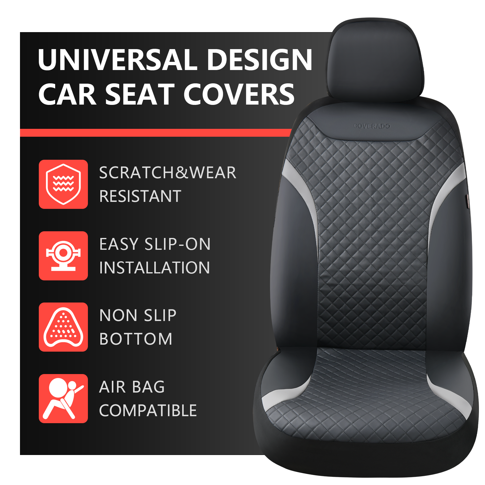 Coverado PVC Leather Front Seat Covers, Black, 4-Piece photo 2