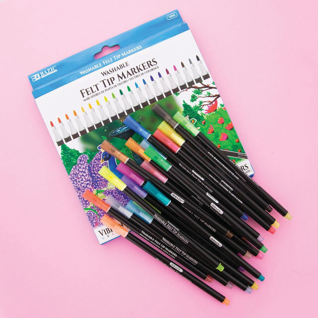 BAZIC Felt Washable Markers 20 Colors, Fine Line Coloring Marker, Non Toxic Art Supplies (20/Pack), 1-Pack