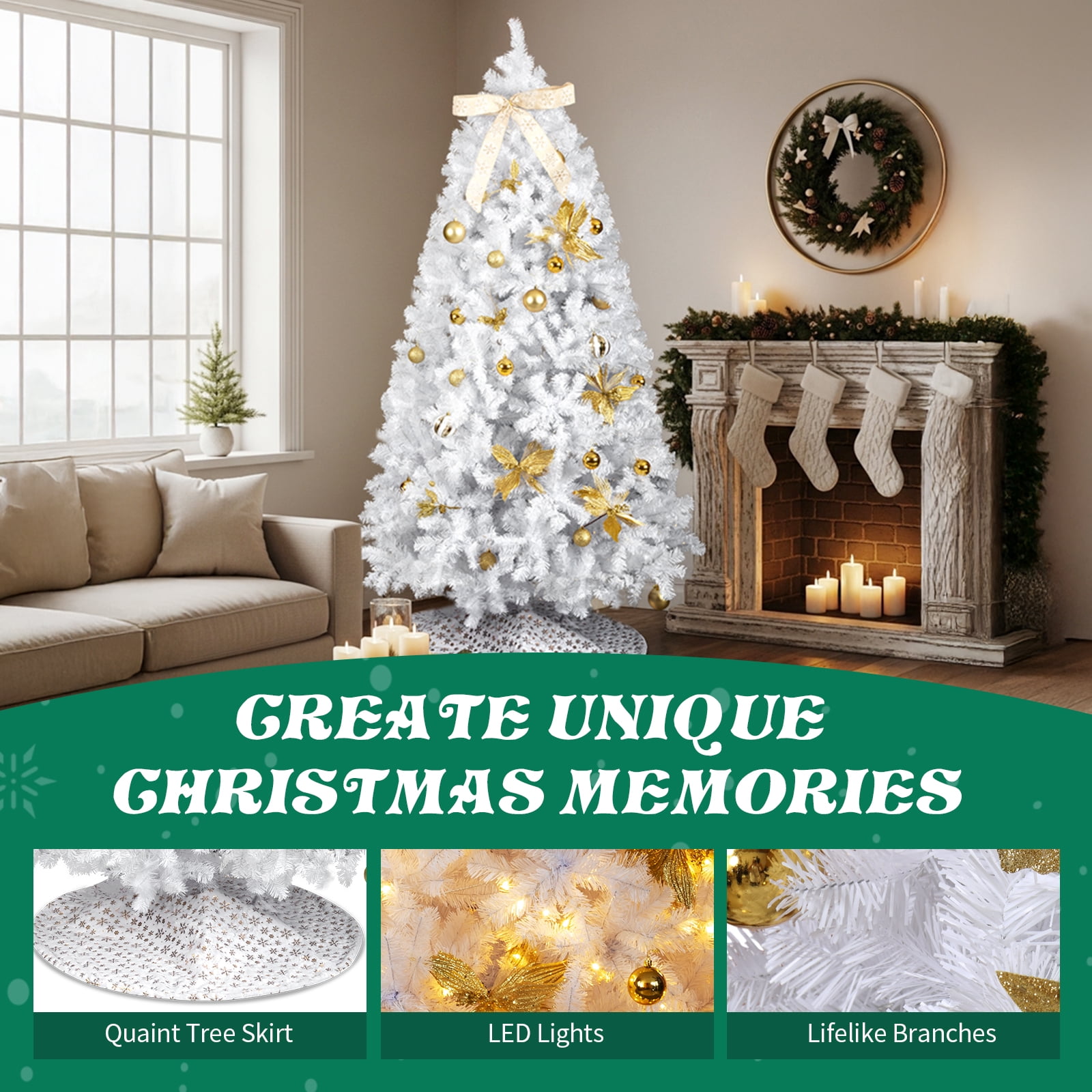 Astoutdoor 7.5 ft Artificial Christmas Tree with 400 Warm White LED Lights, Hinged Pine Tree with Tree Skirt and Ornaments, White