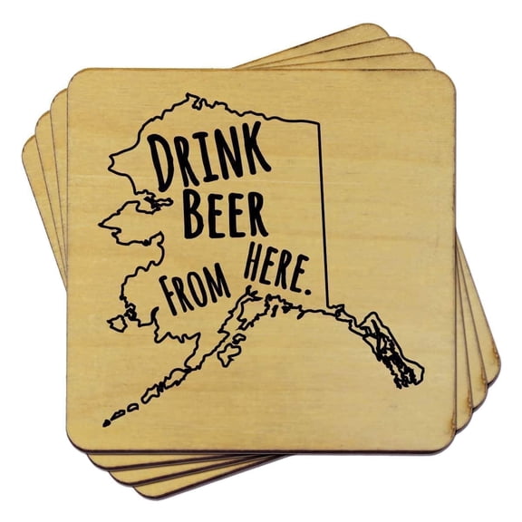 TORCHED Drink Beer Alaska Coaster Set of 4 | Wood Coasters for Drinks | Unique Drink Coasters 4"x4" | Brown