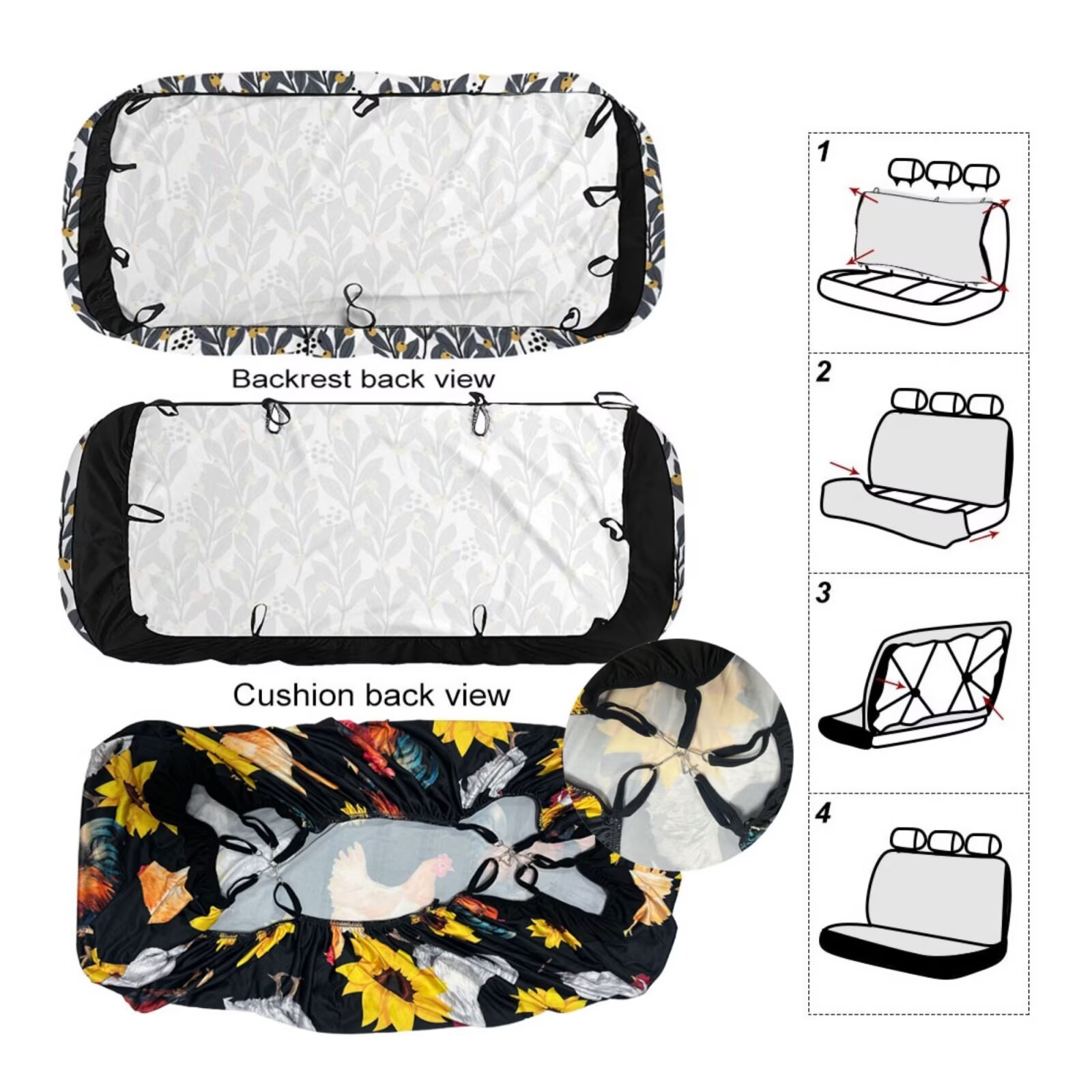 HUIACONG Floral Car Seat Covers Full Set for Women Boho Car Accessories Steering Wheel Cover Seatbelt Covers Coasters Armrest Covers Headrest Covers Keychain,14 Pcs,Universal Fit