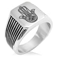 thumbnail image 1 of Stainless Steel Evil Eye Hamsa Hand of Fatima Needle Stripe Pattern Biker Style Polished Ring, 1 of 1
