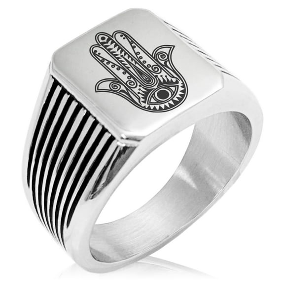 Stainless Steel Evil Eye Hamsa Hand of Fatima Needle Stripe Pattern Biker Style Polished Ring