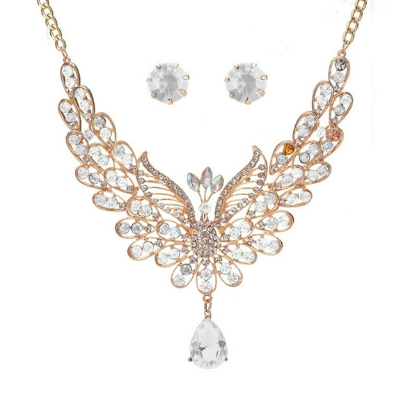 Xinyolin Retro Multicolor Rhinestone Hollow Peacock Bib Necklace Ear Studs, Jewelry Set