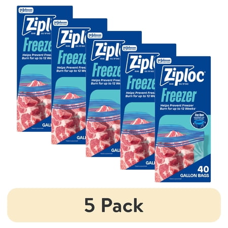 (5 pack) Ziploc Brand Freezer Food Storage Bags, School Supplies, Grip 'n Seal Technology, Zipper, Gallon, 40 Count