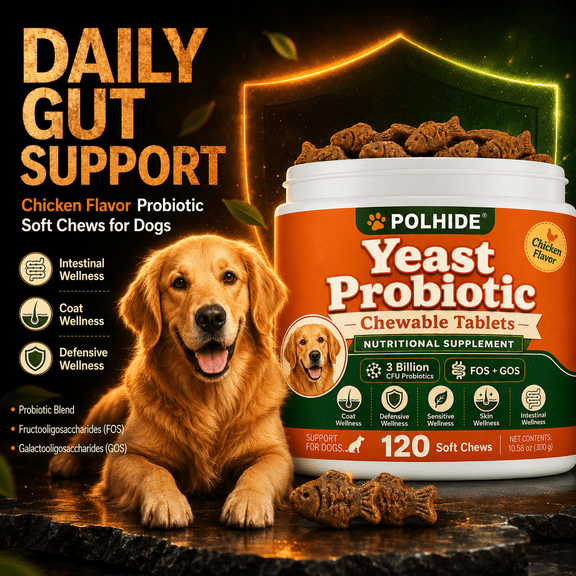 POLHIDE Yeast Probiotic Chews for Dogs, Itch Relief Sensitive Skin and Gut Health Support, 3 Billion CFU, Meat Flavor, 120 Count