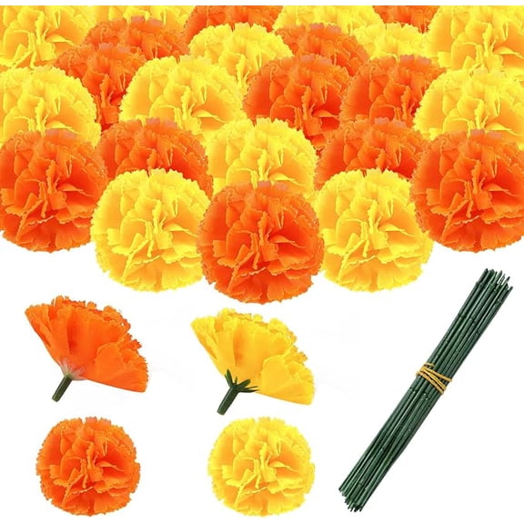 50 Pcs Marigold Flower Heads Bulk, Artificial Mexican Flowers Silk Fake Marigold Heads with Stems for Diwali Day, Day of The Dead, Wreath Garland(Yellow & Orange)