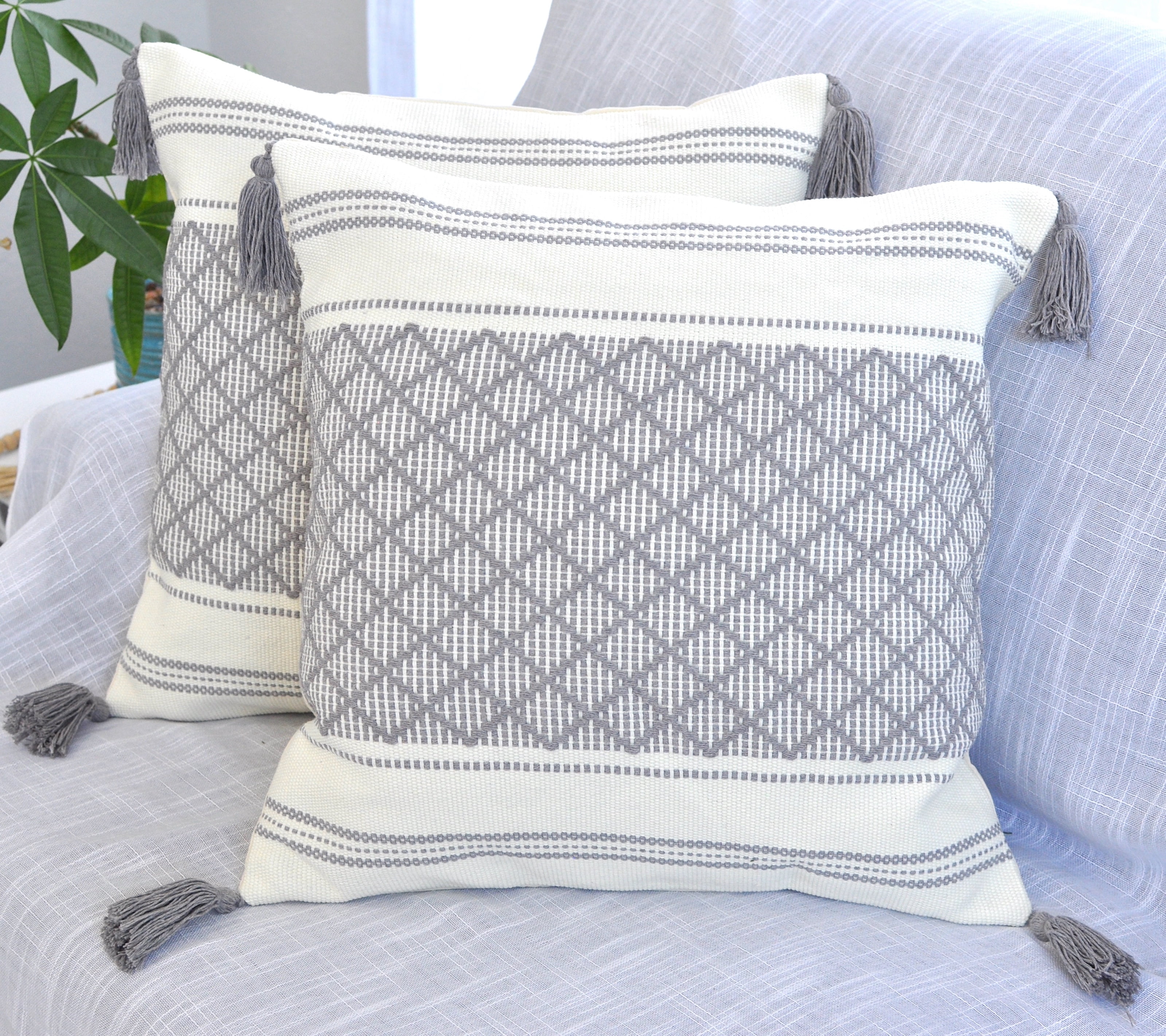 Decorative Boho Tassels Throw Pillow Covers Grey, 20x20 inch -Set of 2)/ Designer Plaid Woven Cushion Covers for Couch/ Farmhouse Gray Accent Square Pillow Cases