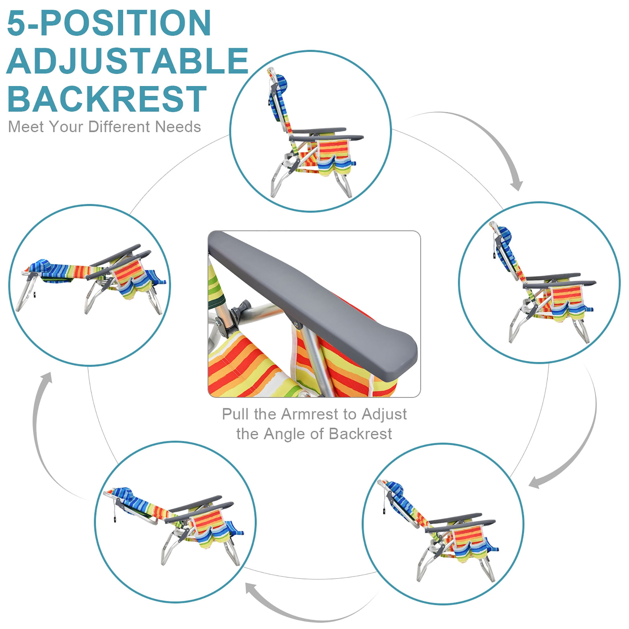 Costway 2-Pack Folding Backpack Beach Chair 5-Position Outdoor Reclining Chairs with Pillow Yellow