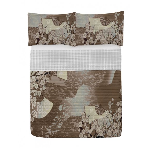 East Reversible Bedspread Set, Japanese Cherry Blossom Sakura Tree Branches Blooms Spring Season Foliage Art, Pillow Shams & Comforter Microfiber Bedding Set, 3 Sizes, Cocoa Sepia, by Ambesonne