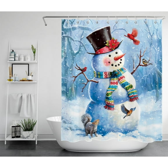 HVEST Winter Shower Curtain Snowman and Cardinals Bathroom Shower Curtain Snow Forest Christmas Polyester Waterproof Fabric Decor Accessories Bath Curtain with Hooks,60x72 Inches