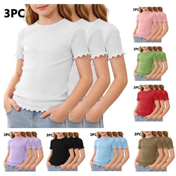 WAVSUF Girls Casual Tee 3-Pack Round Neck Soft Touch Lightweight Summer Casual Daily T-Shirt White Size 9-10