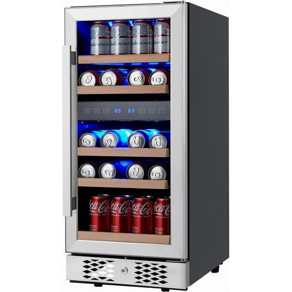 96 Can Beverage Refrigerator Cooler, Freestanding Small Mini Fridge in Stainless Steel with Digital Touch Screen, Low Noise Compressor Wine Refrigerator for Home, Office or Bar