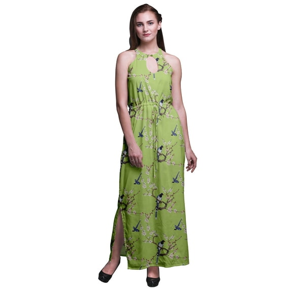 Bimba Bird Ladies Sleeveless Long Print Maxi Dress with Side Slits Summer Wear-Large