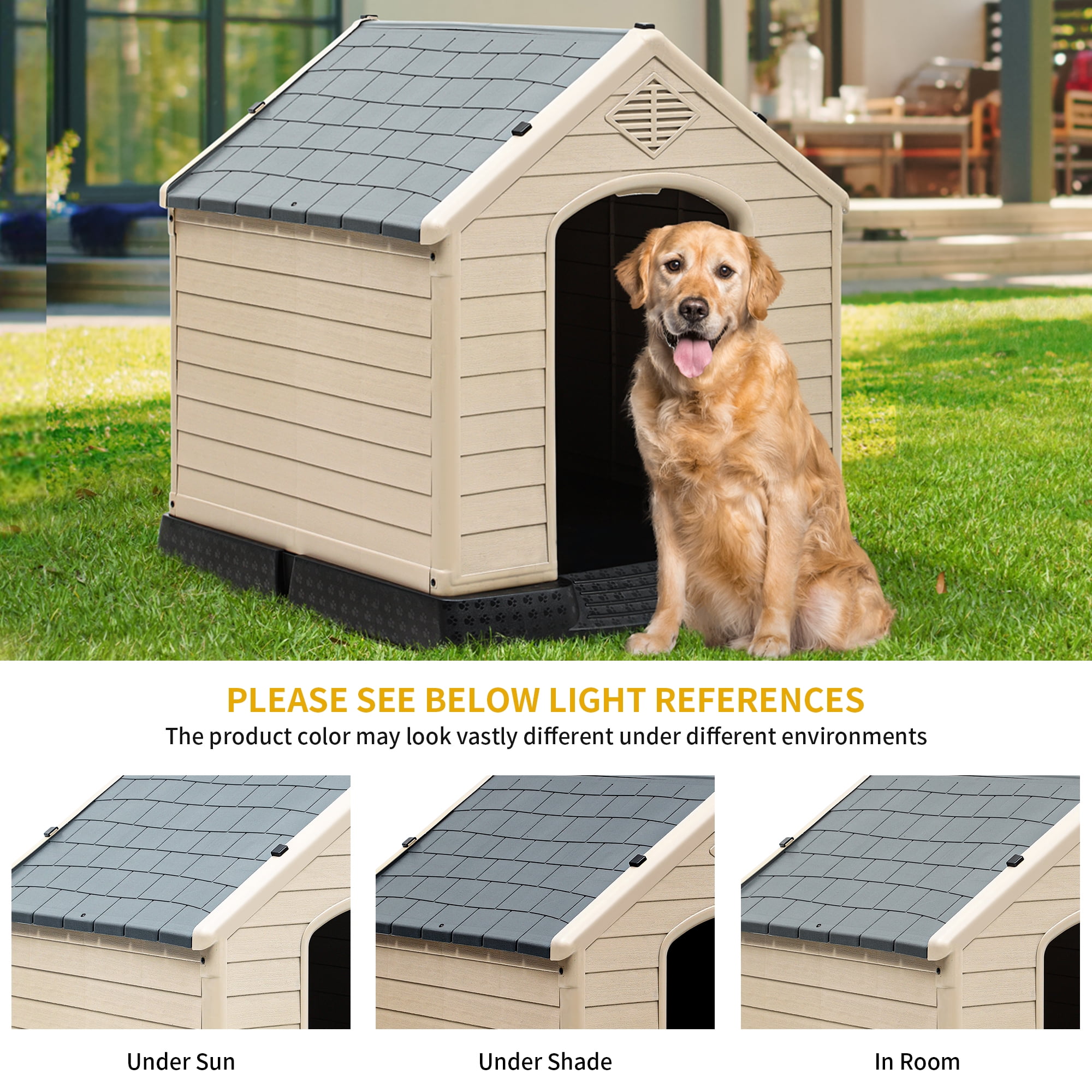 Dextrus Plastic Dog House Outdoor Indoor for Small Medium Large Dogs,Weatherproof Dog Houses with Elevated Floor and Air Vents,Durable Ventilate,41''L*38''W*39''H,Grey&Brown