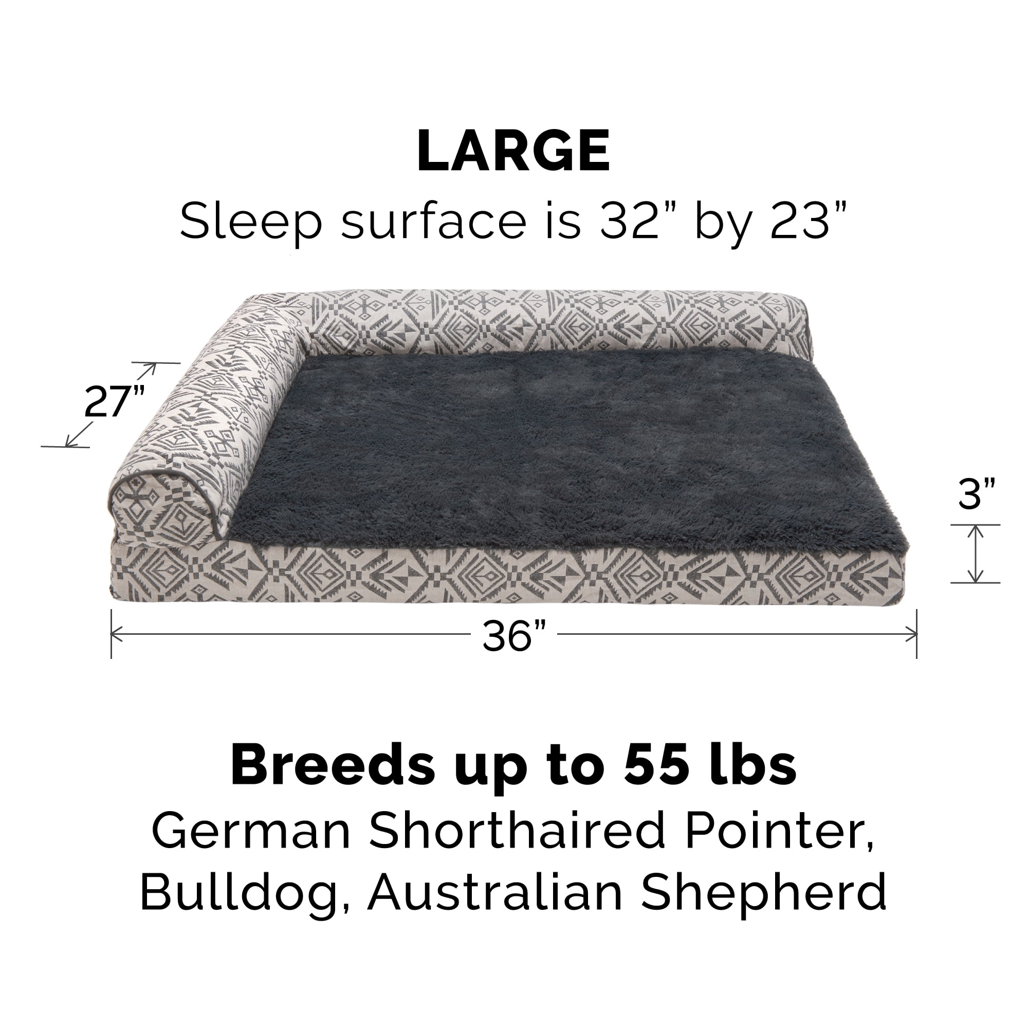 FurHaven Pet Products Southwest Kilim Orthopedic Deluxe Chaise Lounge Pet Bed for Dogs & Cats - Boulder Gray, Large