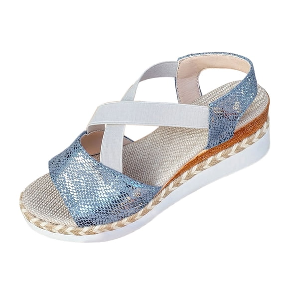 CYMMPU Women's Open Toe Crisscross Strap Wedge Sandals, Espadrille Woven Platform Slip On Shoes, Summer Casual Beach Walking Sandals In Multiple Colors Blue 40