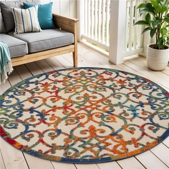 HomeRoots 546797 4 ft. Ivory Blue Orange & Green Round Trellis Indoor & Outdoor Area Rug