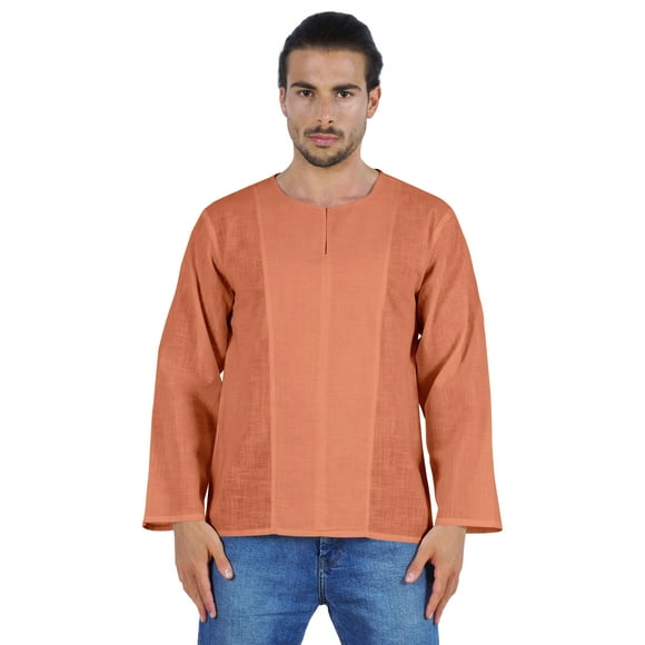 Atasi Long Sleeve Kurta For Men Solid Slub Cotton Round Neck Ethnic Shirt-6726