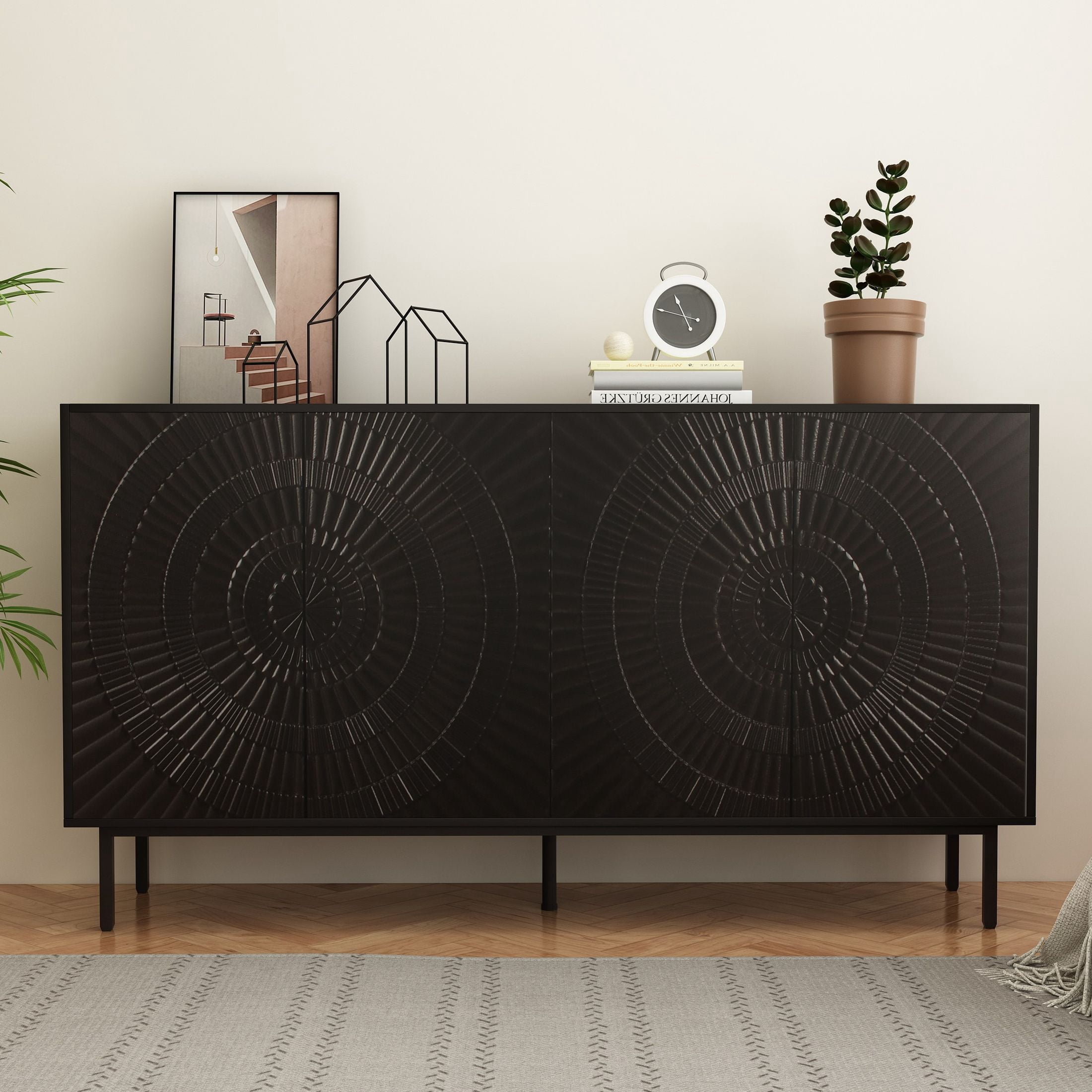 Noble House Fraser 60.3" Modern Sideboard Buffet Cabinet with Blister Doors & Adjustable Shelves, Black