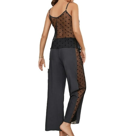 

2pcs Set Sexy Polka Dot Cami PJ Pant Sets Sleeveless Dark Grey Women s Pajama Sets (Women s)