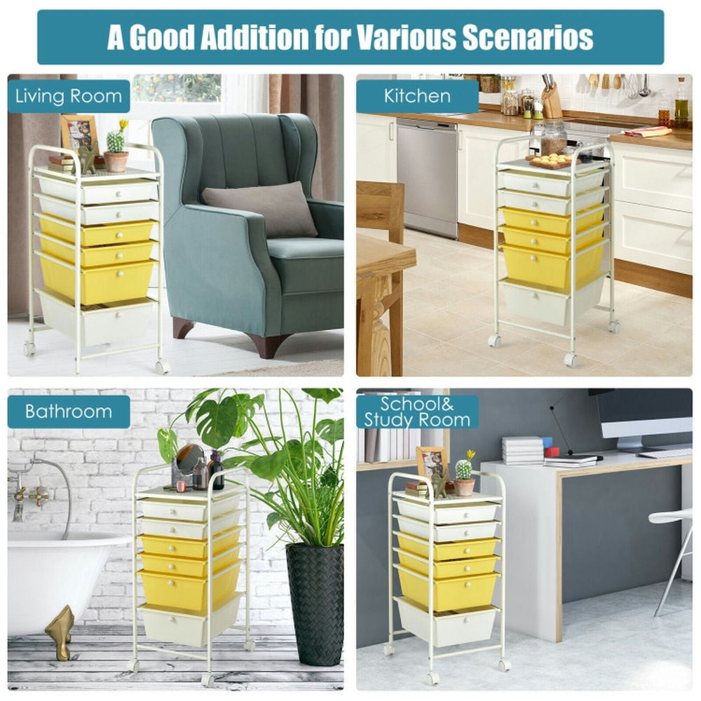 Demi Bonn 6 Drawers Rolling Storage Cart Organizer with 4 Universal Casters, Yellow & Beige