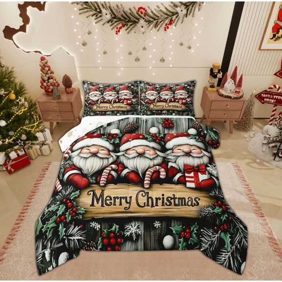 Feelyou Merry Christmas 01, Kawaii Red Gnome Twin Comforter Sets, Rustic Farmhouse Cabin Reversible Bedding Set, Breathable Home Decor,2 Pieces