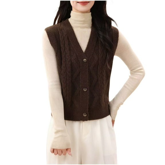 Gpaecead Women's Vest Style Knit Cardigan - Sleeveless V-Neck Button Front Fall Top Brown