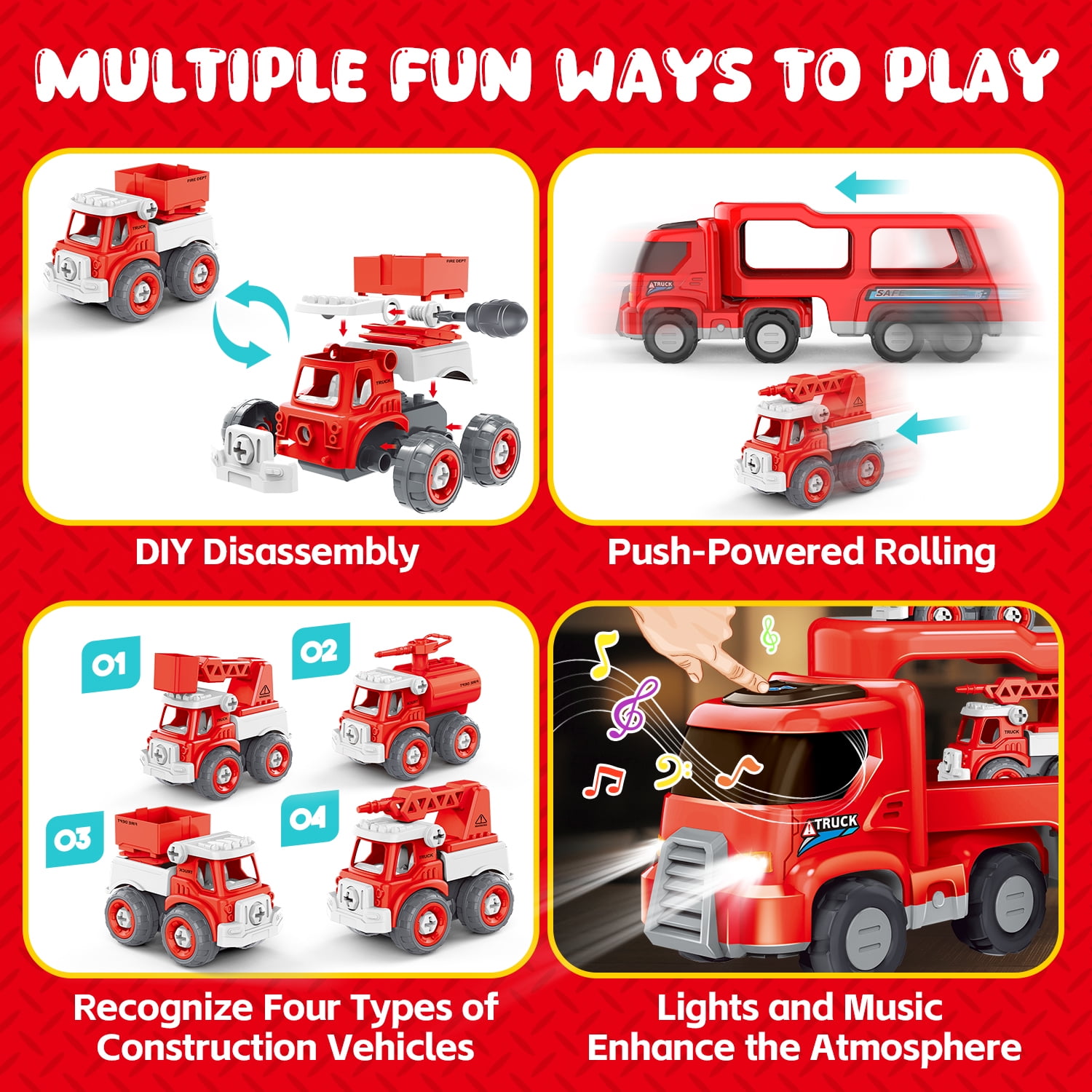 WonderStone 5-in-1 Fire Truck Toy with Light & Sound, Push Cars for Boys Kids 1-8 Birthday Gift