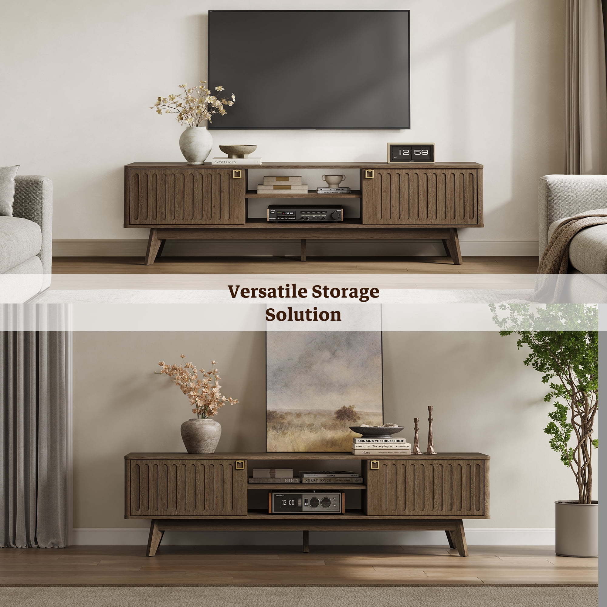 SICOTAS 70.1" Extra Long Modern TV Stand, Minimalist Console Table with 2 Fluted Doors, 3-Tier Storage Shelves, Long Entertainment Center for Living Room, Coffee Oak