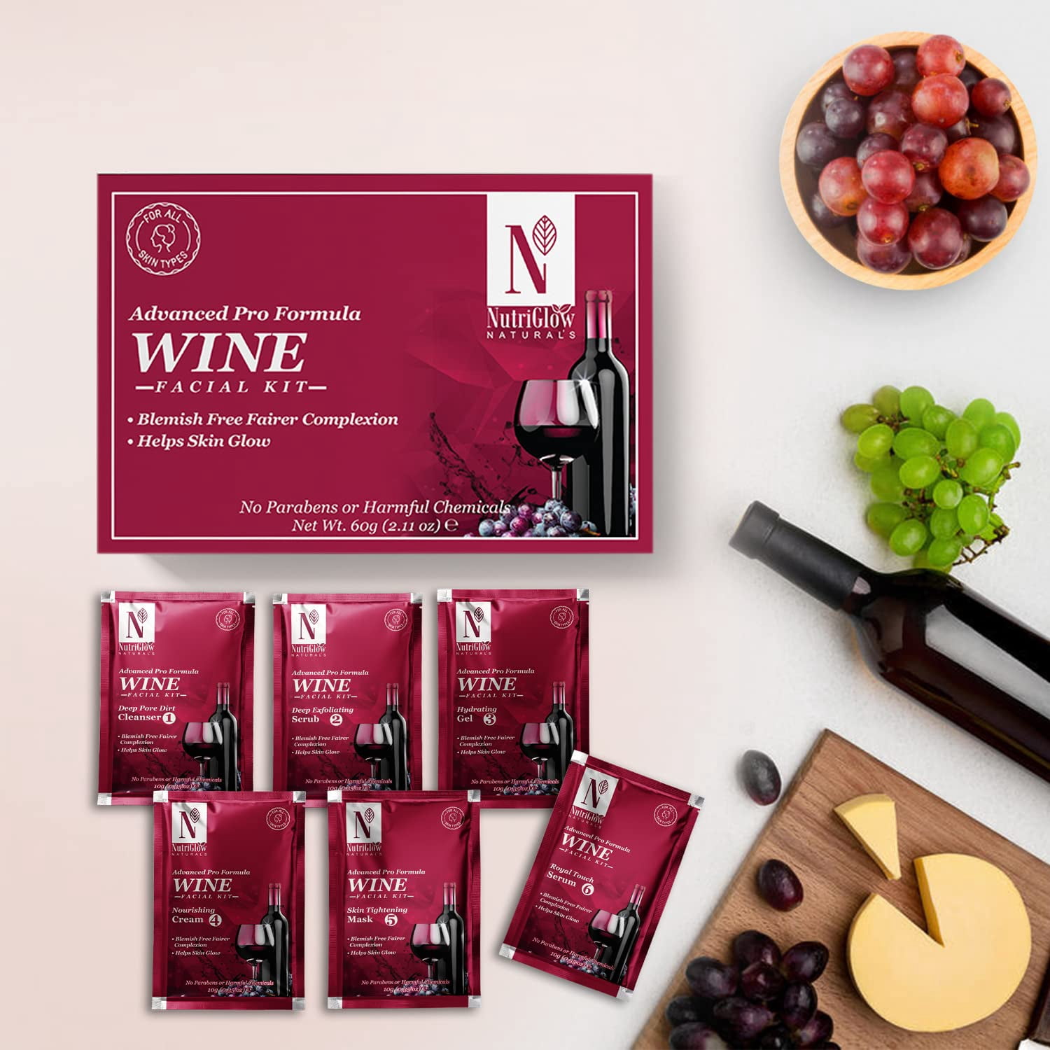 NutriGlow NATURAL'S Advanced Pro Formula Wine Facial Clean-up Kit for Glowing Skin| Fights with Acne & Remove Blackheads|(10gm)x6 each| Pack of 2