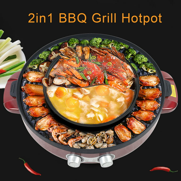 Kitchen 2 in1 Electric Smokeless Grill Hot Pot Barbecue Pan Frying