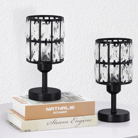 2-Pack Black Grid Diamond Crystal Table Lamps - Decorative Crystal Shade Lamps for Bedroom & Living Room